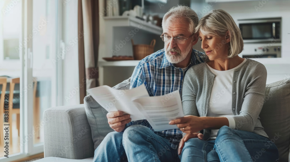 A mature couple intently reviews documents together on a cozy couch. A mature couple intently reviews documents together on a cozy couch.
