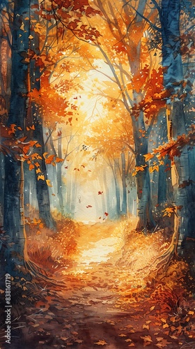 Enchanting autumn forest path covered in golden leaves, illuminated by the warm sunlight creating a dreamy, serene atmosphere.