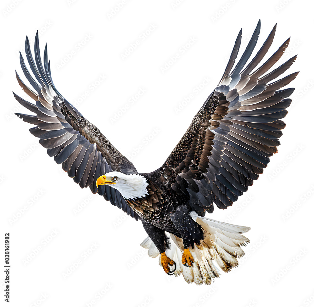 A majestic bald eagle soars with wings spread wide, showcasing its powerful flight and symbolizing freedom and strength, isolated on transparent background, png A majestic bald eagle soars with wings spread wide, showcasing its powerful flight and symbolizing freedom and strength, isolated on transparent background, png