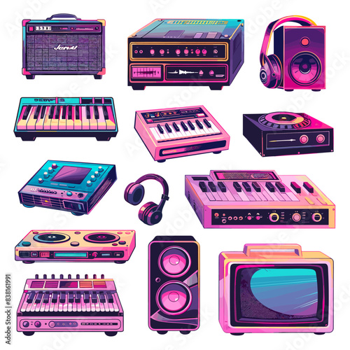 Retro audio devices. Cartoon music synthesizers vintage radio player stereo electronic sound dj soundboards headphones in synthwave 80s nostalgia style set vector illustration