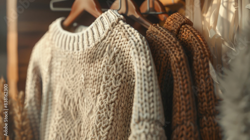 Close-up of hand-knit sweaters hanging, golden hour sunlight casting a warm glow.