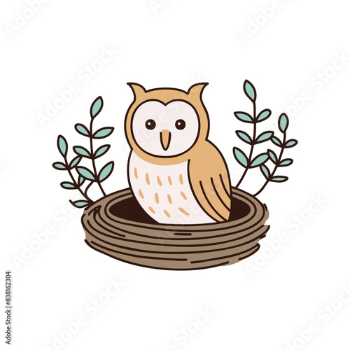 Illustration of nest bird with a barn owl 