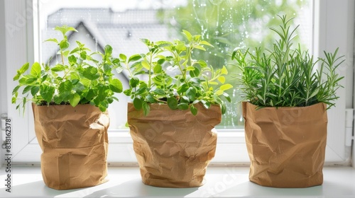 Ecofriendly paper bags used as planters for growing herbs like rosemary, thyme and oregano on the windowsill of an apartment in an urban city. © lililia