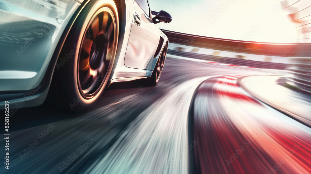 Exhilaration is embodied in the dynamic blur of a white sports car speeding on a racetrack.