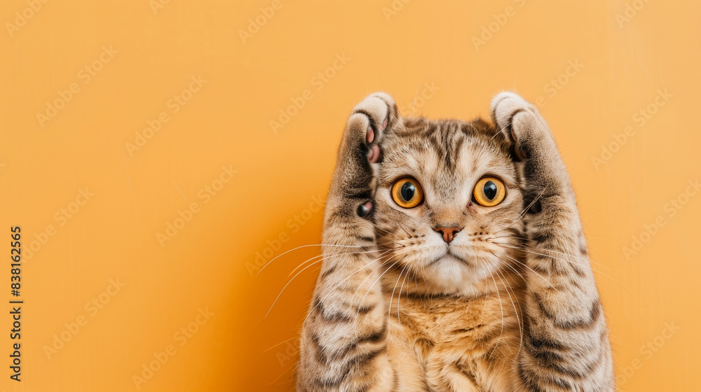 Obraz premium A whimsical tabby cat with wide eyes holds paws up like hands, oozing charm against a yellow backdrop.