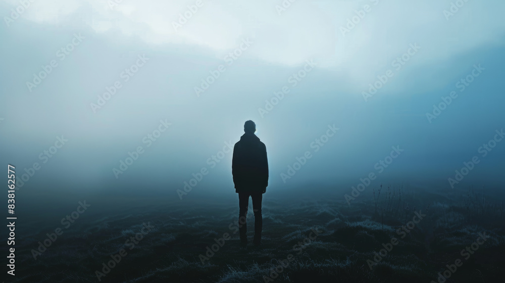Solitary figure stands enveloped in mist on a desolate moor, evoking a mysterious atmosphere.
