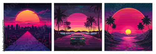 Synthwave posters. Retro futuristic abstract poster, synth wave disko 80s style car sunset palm trees purple grid laser neon vaporwave music cover art set vector illustration