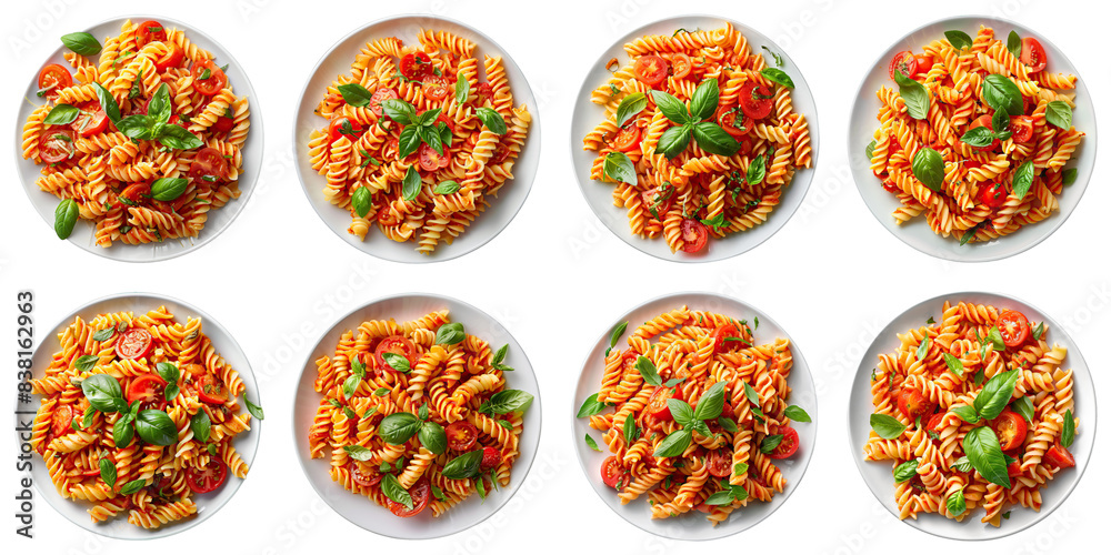 Collection of Pasta With Tomato Basil Sauce isolated on transparent png background. Generative ai Collection of Pasta With Tomato Basil Sauce isolated on transparent png background. Generative ai