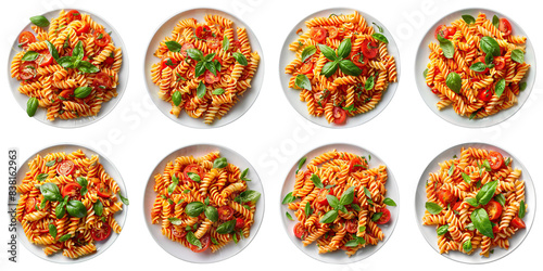 Collection of Pasta With Tomato Basil Sauce isolated on transparent png background. Generative ai