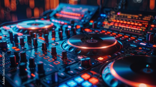 Closeup of a DJ booth with turntables and mixer showcasing the intricate controls and lights focus on music production theme vibrant double exposure nightclub backdrop. commercial