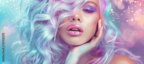 an extravagant woman with huge pastel hair against a blue and purple background