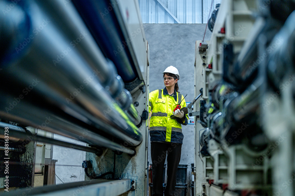 female engineers in neat work clothes prepare and control the production system of large modern machines in a factory producing industrial technology products. female engineers in neat work clothes prepare and control the production system of large modern machines in a factory producing industrial technology products.