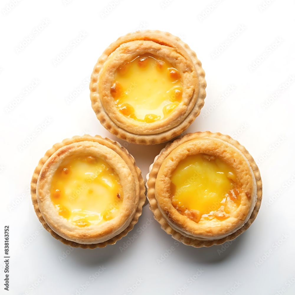 Egg tarts on white backgound top view with copy space. Egg tarts on white backgound top view with copy space.