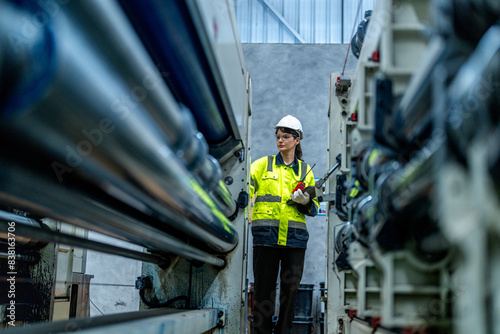 female engineers in neat work clothes prepare and control the production system of large modern machines in a factory producing industrial technology products.