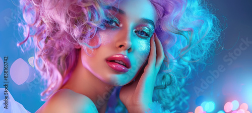 an extravagant woman with huge pastel hair against a blue and purple background