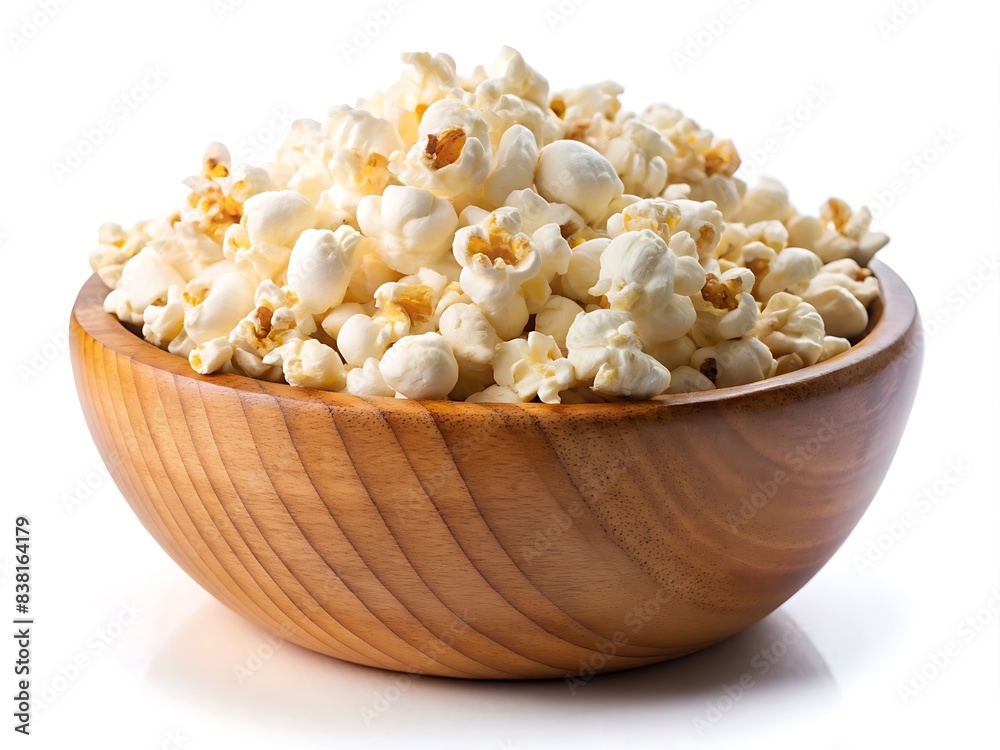 Popcorns on white,wooden bowl on white background Popcorns on white,wooden bowl on white background