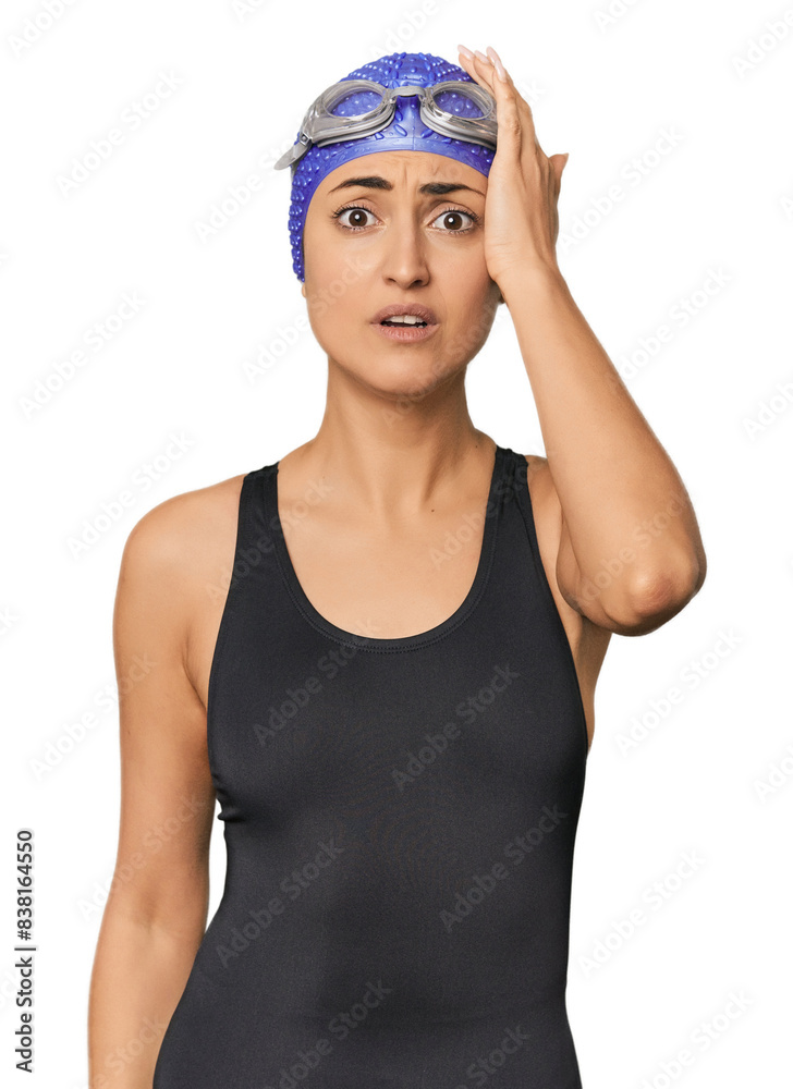 Young Caucasian female professional swimmer being shocked, she has remembered important meeting. Young Caucasian female professional swimmer being shocked, she has remembered important meeting.
