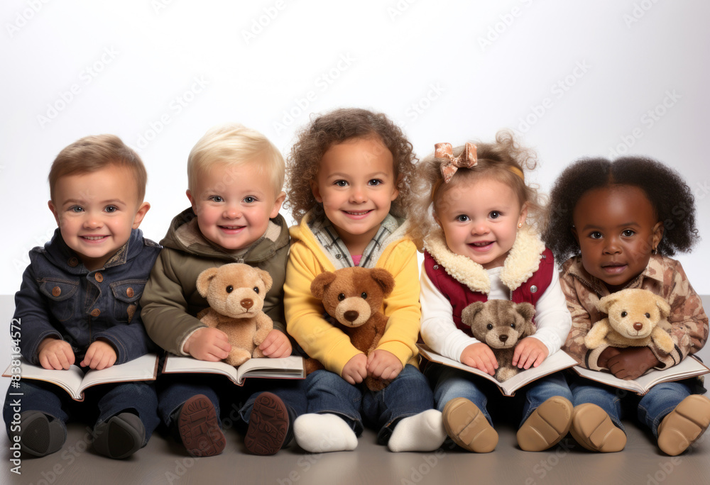 Adorable group of young children, diverse and smiling, sit on the floor holding stuffed toy bears and open books. for use in educational materials, parenting articles, and preschool promotions. Adorable group of young children, diverse and smiling, sit on the floor holding stuffed toy bears and open books. for use in educational materials, parenting articles, and preschool promotions.