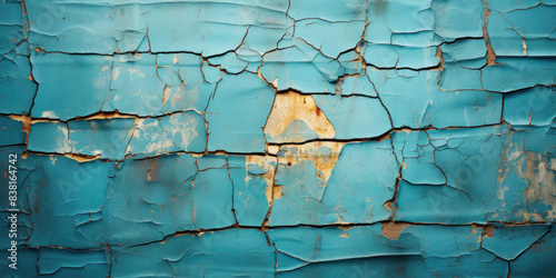 Peeling Blue Paint on Cracked Wall, Textured texture of a weathered cracked blue wall with peeling paint