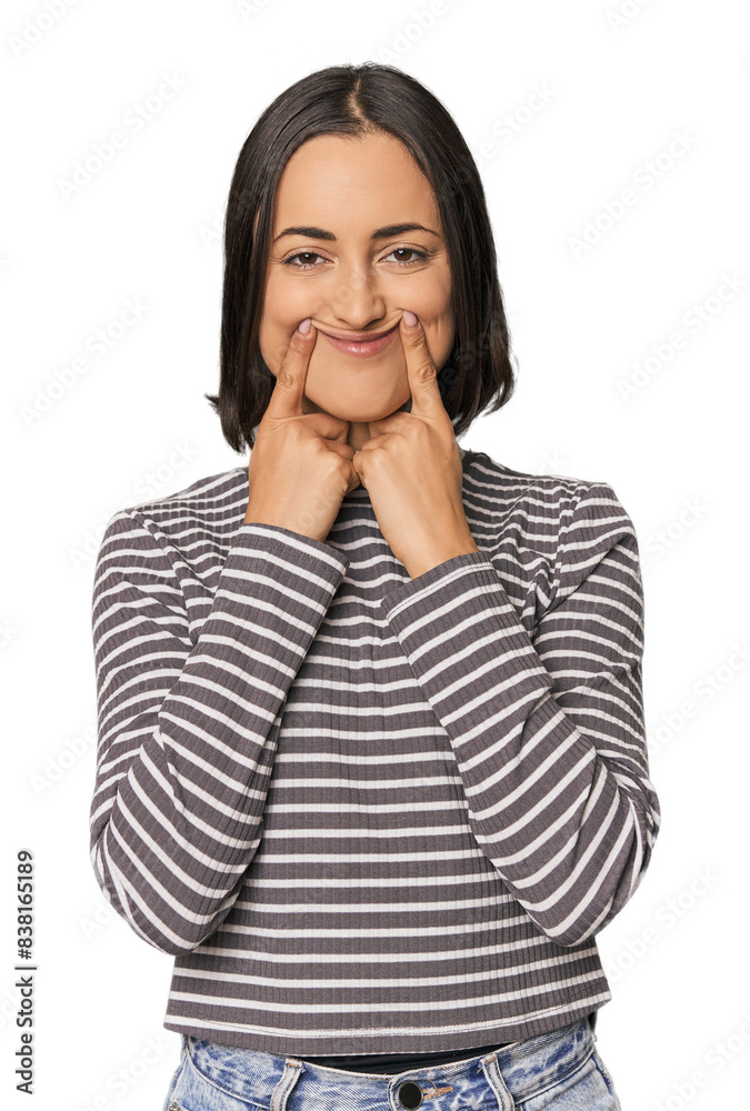 Young Caucasian woman with short hair doubting between two options. Young Caucasian woman with short hair doubting between two options.