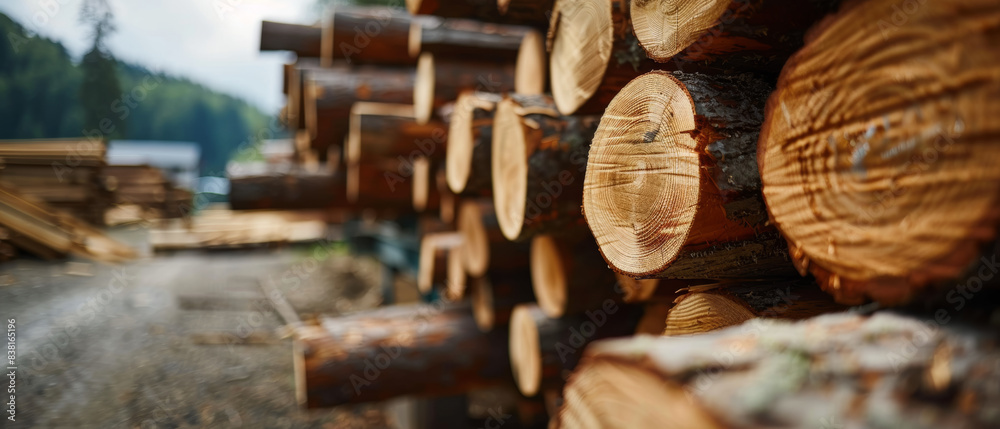 Forestry scene with close-up of piled logs, highlighting textures and timber industry. Forestry scene with close-up of piled logs, highlighting textures and timber industry.