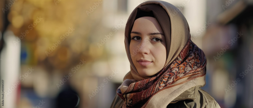 Portrait of a thoughtful woman with a headscarf on an autumnal street. Portrait of a thoughtful woman with a headscarf on an autumnal street.