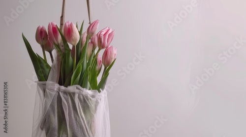 A beautiful cotton net bag with a wooden hanger hanging on the wall, with a white background, containing a pink tulip and rose, with a spring theme, using pastel colors
