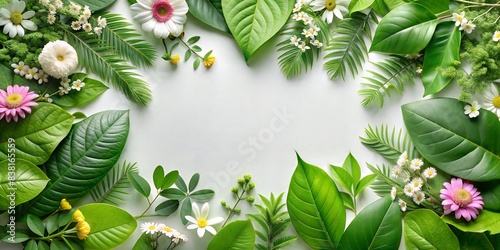 Nature-inspired background with leaves and flowers, with a large clear area in the middle for text, fresh and organic photo