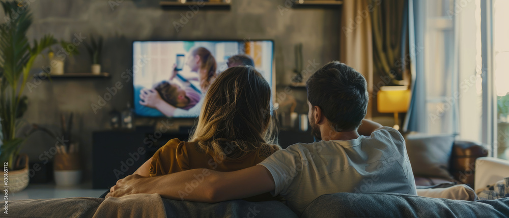 Couple enjoys a cozy movie night on a comfortable couch at home. Couple enjoys a cozy movie night on a comfortable couch at home.