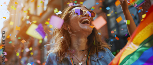 Excited woman with sunglasses enjoying a colorful confetti rain at a lively parade. © Ai Studio