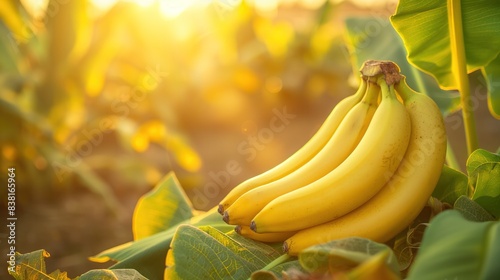 Fresh banana with vibrant and sunny background at farm during sunset
