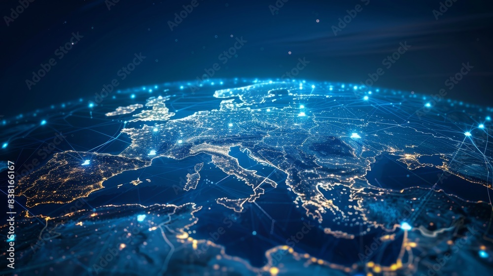 Obraz premium A close up of the European continent at night with the lights of the cities visible. Concept of wonder and awe at the beauty of the world and the vastness of the universe