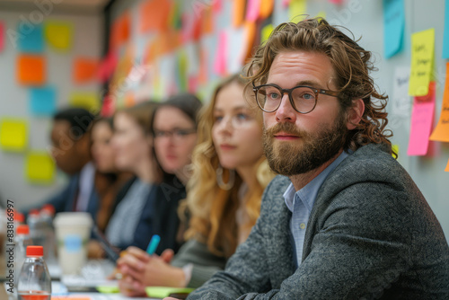 Diverse group of professionals collaborates during a meeting, with colorful sticky notes on the whiteboard in the background
