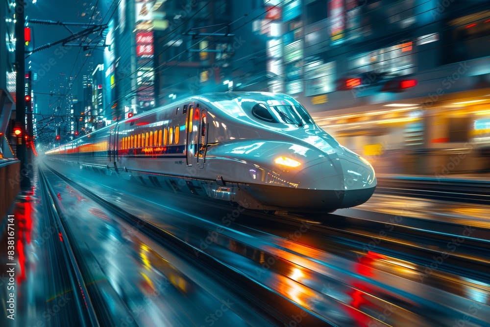 Rapid high-speed train streaks through a vibrant cityscape at night, capturing the dynamic energy of urban life Rapid high-speed train streaks through a vibrant cityscape at night, capturing the dynamic energy of urban life
