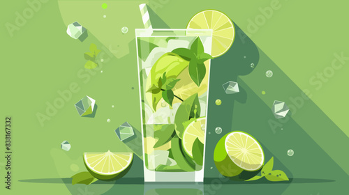 Glass of mojito on a green background. Summer refreshing cocktail. Mint leaves and lime pieces.