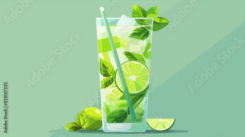 Glass of mojito on a green background. Summer refreshing cocktail. Mint leaves and lime pieces.