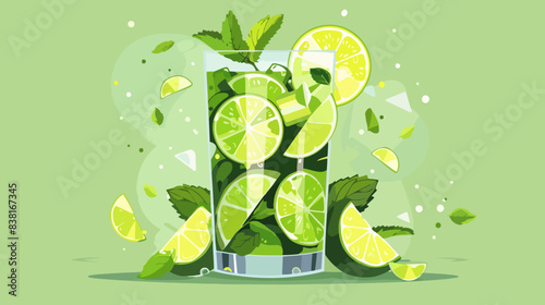 Glass of mojito on a green background. Summer refreshing cocktail. Mint leaves and lime pieces.