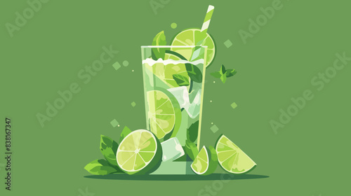 Glass of mojito on a green background. Summer refreshing cocktail. Mint leaves and lime pieces.