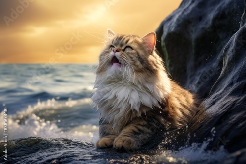 Portrait of a smiling munchkin cat on crashing waves background