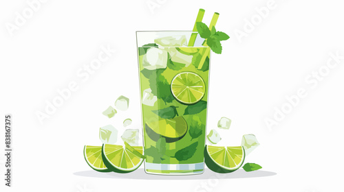 Glass of mojito on a white background. Summer refreshing cocktail. Mint leaves and lime pieces.