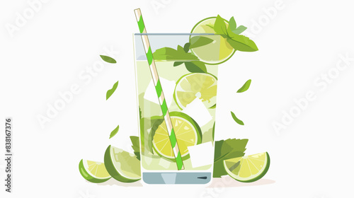 Glass of mojito on a white background. Summer refreshing cocktail. Mint leaves and lime pieces.