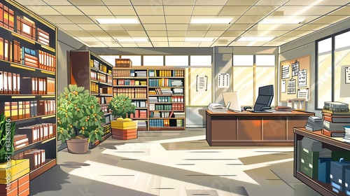 Illustrate a spacious real estate office interior with a panoramic wide-angle perspective