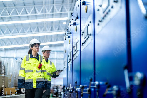 Male and female engineers in neat work clothes prepare and control the production system of large modern machines in a factory producing industrial technology products. photo