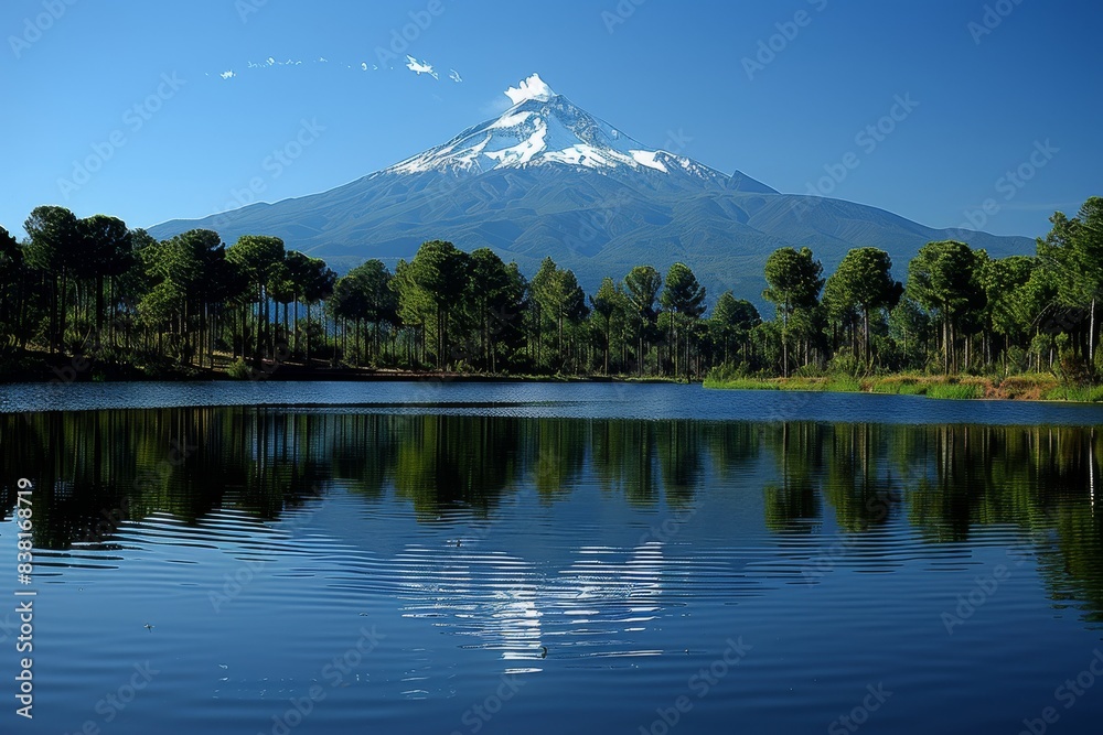 Tranquil Lake Reflecting Snowy Mountain Peak in Sunny Day Tranquil Lake Reflecting Snowy Mountain Peak in Sunny Day