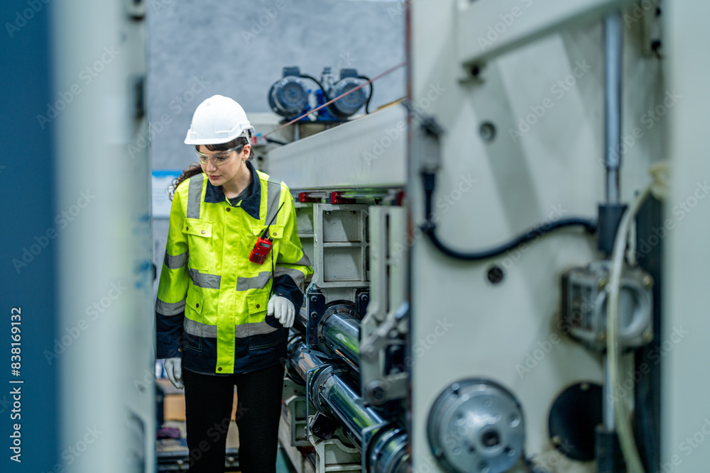 female engineers in neat work clothes prepare and control the production system of large modern machines in a factory producing industrial technology products.
