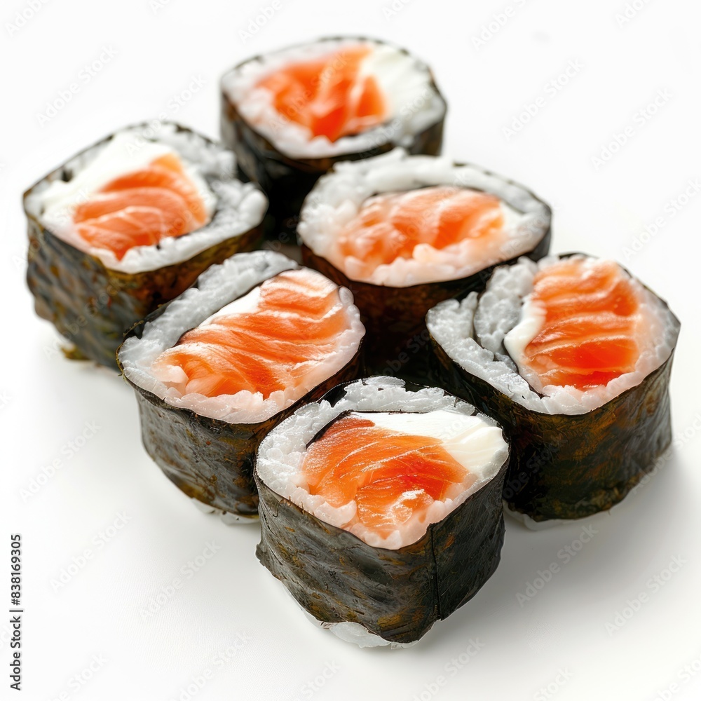 An exquisite array of sushi rolls, meticulously placed and perfectly isolated against a white background. High-res picture. An exquisite array of sushi rolls, meticulously placed and perfectly isolated against a white background. High-res picture.