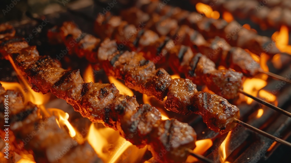 Close up of grilled meat skewers over hot coals. Close up of grilled meat skewers over hot coals.