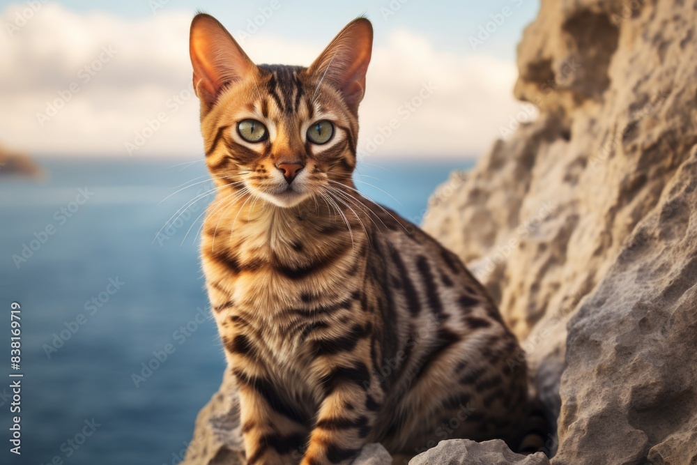 Obraz premium Portrait of a funny ocicat cat on dramatic coastal cliff background