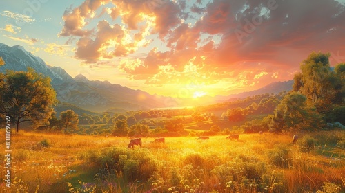 Vibrant Sunset Over Serene Mountainous Landscape with Grazing Cows in Lush Green Meadow and Dramatic Cloudy Skysunset © Piya