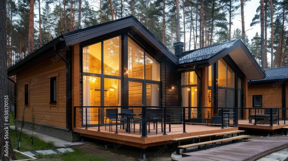Fototapeta premium a small log house at night, boasting a chic terrace illuminated by atmospheric lights, showcasing a modern interpretation of rustic living that exudes warmth and sophistication.